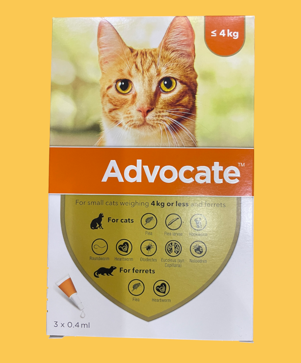 Advocate for cats is a flea and wormer spot on treatment for protecting against fleas, roundworm, lungworm, heartworm and ear mites. Each screw cap pipette contains a solution containing Imidacloprid and Moxidectin which presents in a yellowy/brown liquid.