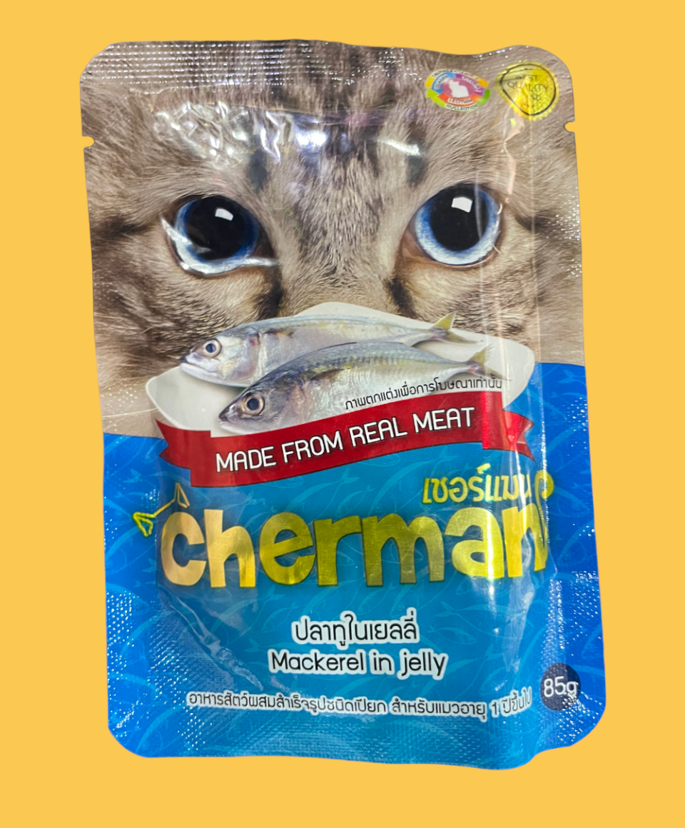 Cherman Wet cat food Mackerel in jelly Benefit of Cherman – For adult cats aged 1 year and up– With real meat ingredients– Rich in taurine, vitamins