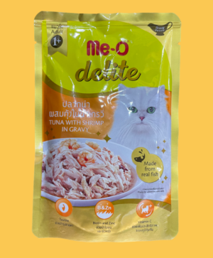 Me-O Delite Adult Tuna With Shrimp In Gravy contains Vitamin C which supports a healthy immune system. It also contains Vitamin A for vision and growth