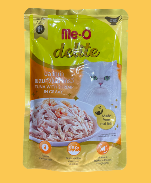 Me-O Delite Adult Tuna With Shrimp In Gravy contains Vitamin C which supports a healthy immune system. It also contains Vitamin A for vision and growth