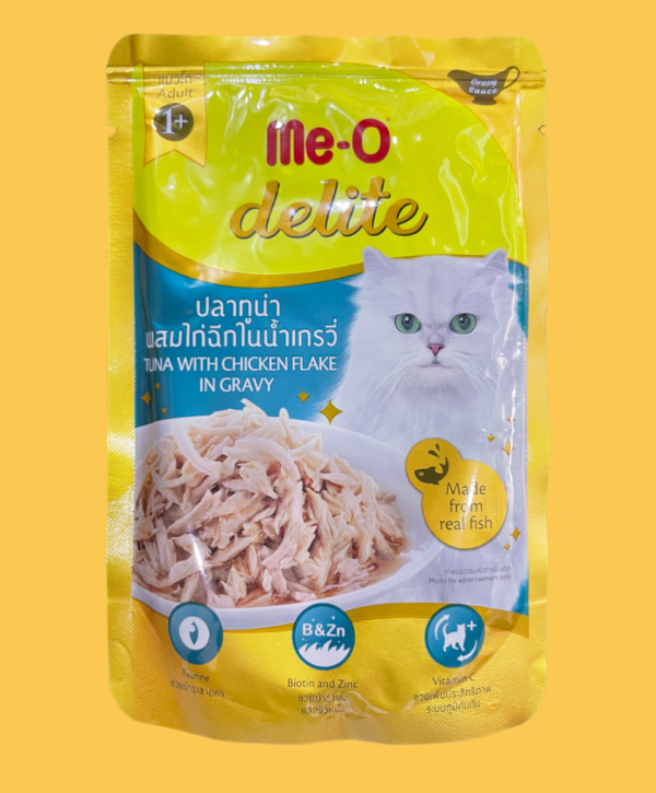 Me-O Delite - Tuna with Chicken Flake in Jelly contains Biotin and Zinc that helps in providing healthy skin and fur. It contains Taurine which improves