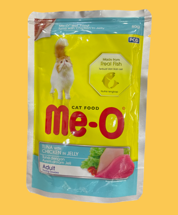 MeO Tuna with Chicken in Jelly Pouch. Suitable for : Adult Cat 1 Year Up It is highly digestible and cats love its great taste. Me-O Cat food is formulated ...