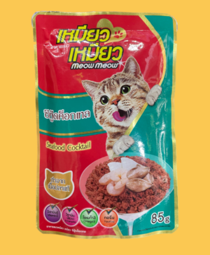 Meow Meow Cat Pouch Seafood Cocktail 85g. Description: For those over 6 months old it is recommended to mix with other nutritional food to meet cats dietary