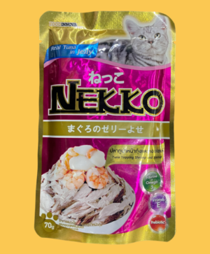 Made from real Tuna, No artificial preservatives & coloring agents added. Vitamin E, Omega 3 & Taurine Added. Specially Formulated for Cats Aged 1 Year and Above. Nekko Pouch Tuna Topping Shrimp & Scallop in Jelly is premium quality wetfood made with super quality Ingredients.