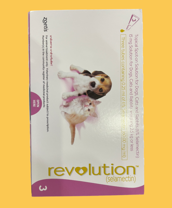 Revolution kills adult fleas and prevents flea eggs from hatching for one month and is indicated for the prevention and control of flea infestations (Ctenocephalides felis), prevention of heartworm disease caused by Dirofilaria immitis, and the treatment and control of ear mite (Otodectes cynotis) infestations.