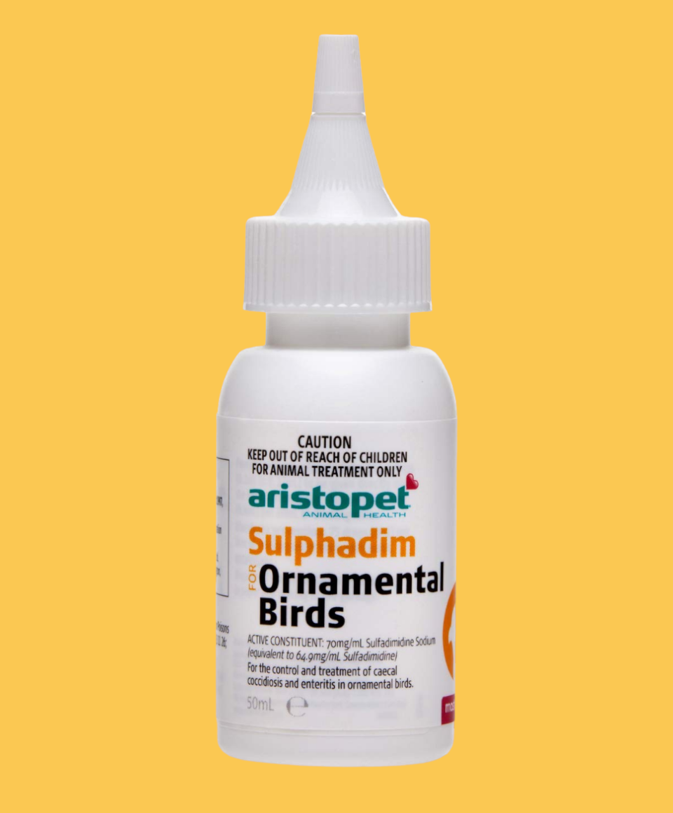 Aristopet Sulphadim is a specially formulated broad-spectrum antibiotic for the treatment of coccidiosis, enteritis, pneumonia and bacterial infections in caged birds. Not to be used on food-producing birds.