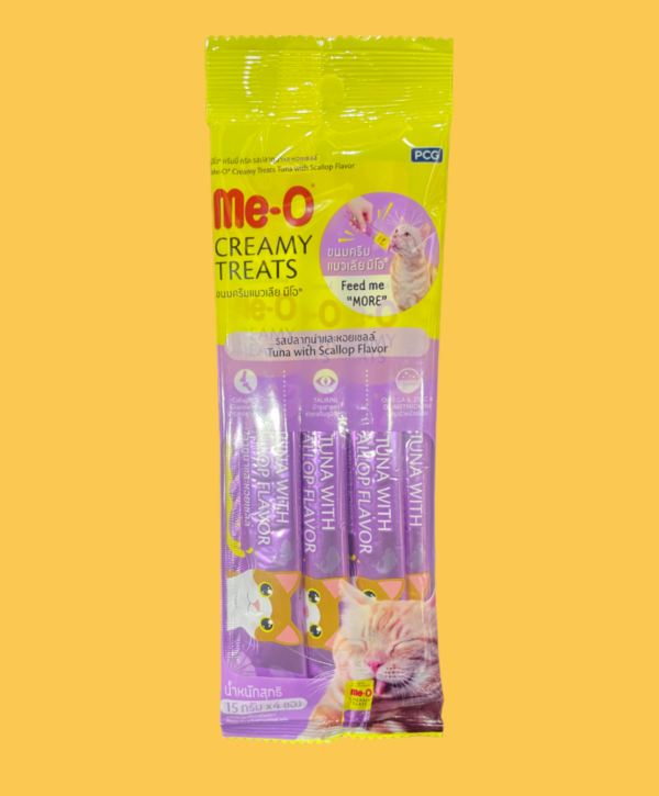 Me-O Meo Creamy Treats Tuna with Scallop Flavor (4*15g) Made from real tuna. Collagen & Glucosamine : Healthy bone and joint. Taurine: Improves eyesight. Omega 6, Zinc & DL-Methionine: Healthy skin and coat.