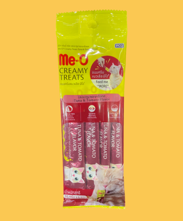 Meo Creamy Treats is a delicious and wholesome cat lick snack. • Calcium and Phosphorus. • Helps build strong bones and teeth. • Taurine nourishes the eyes