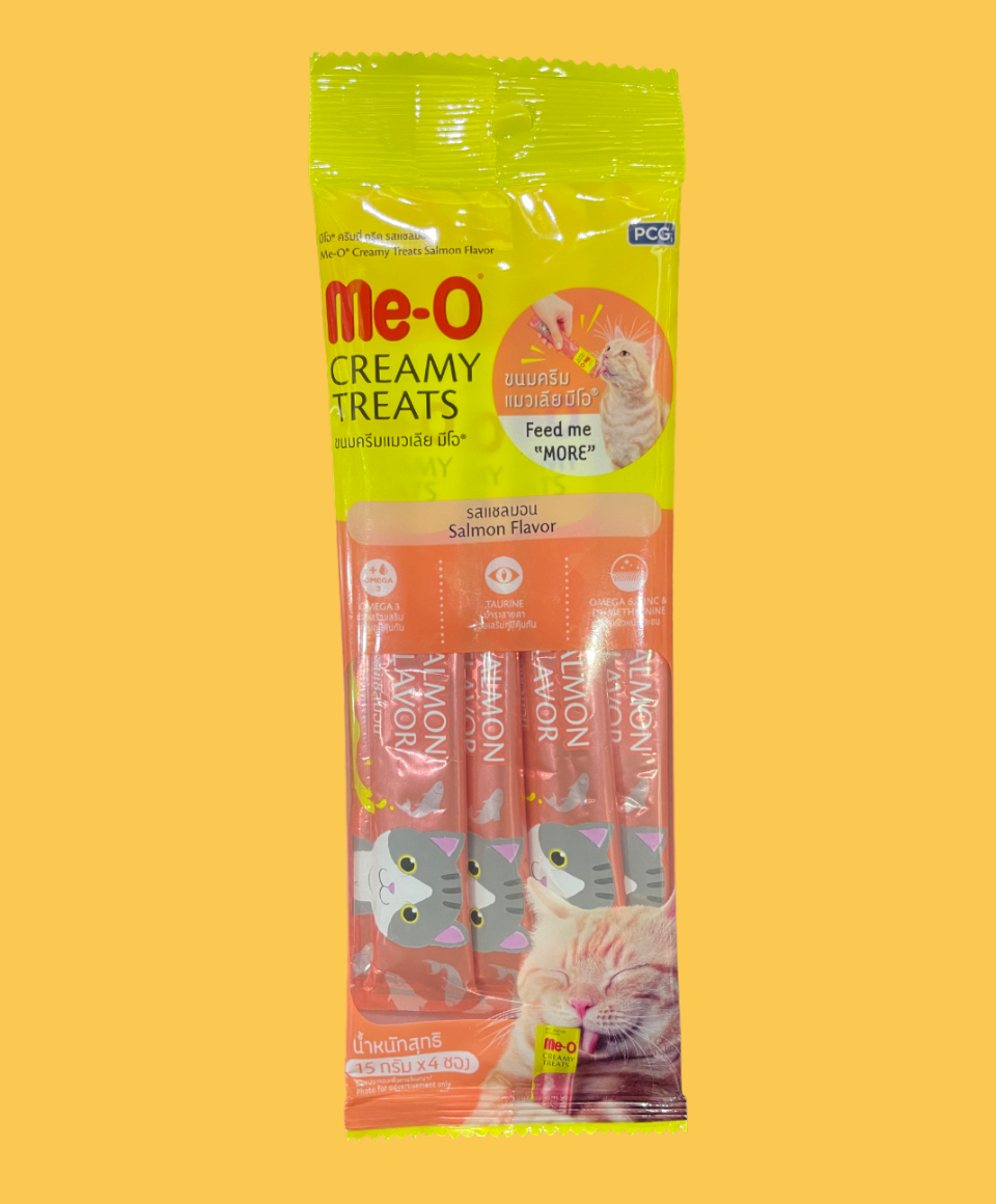 Meo Creamy Treat Salmon is the Mouth Watering Treat for Your Kitty. Meo Creamy Treat provides plaque protection and ensures fresh breath. Collagen Care Formula ensures healthy skin and beautiful fur. Included Prebiotics ensures good digestion and Glucosamine ensures good joints.