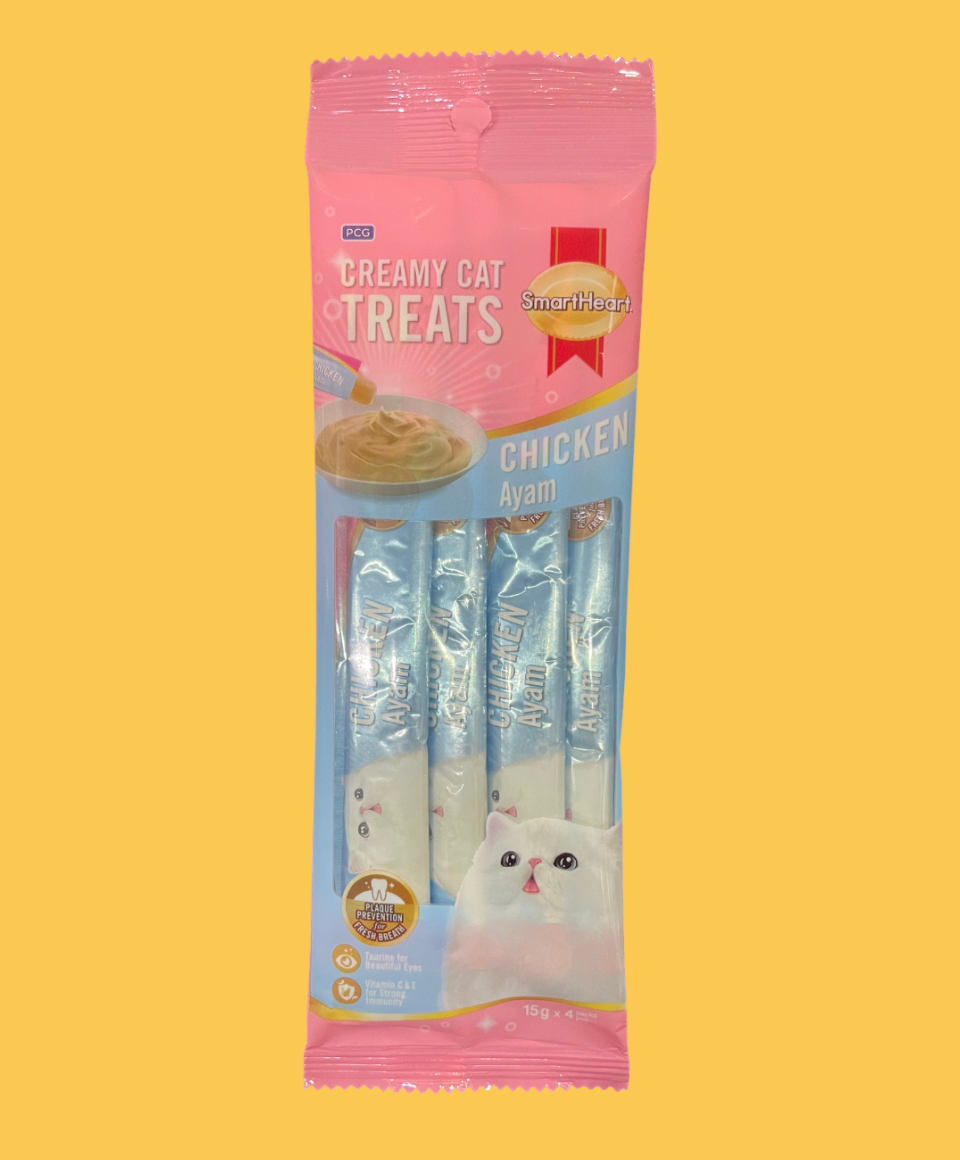 SmartHeart Creamy Cat Treat – Chicken Flavour Plaque prevention for fresh breath. Collagen care for heathy skin. Prebiotic for digestive care. Glucosamine for joint care. Taurine for beautiful eyes. Vitamins C & E for strong immunity.